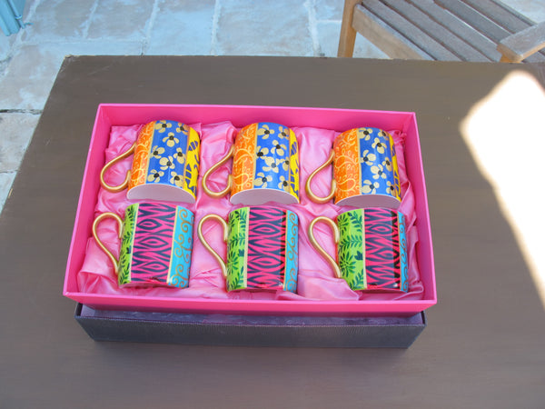 Coffee / Tea Mugs Set of 6 - Hand Painted Bone China, gift boxed - HAPPY STRIPES