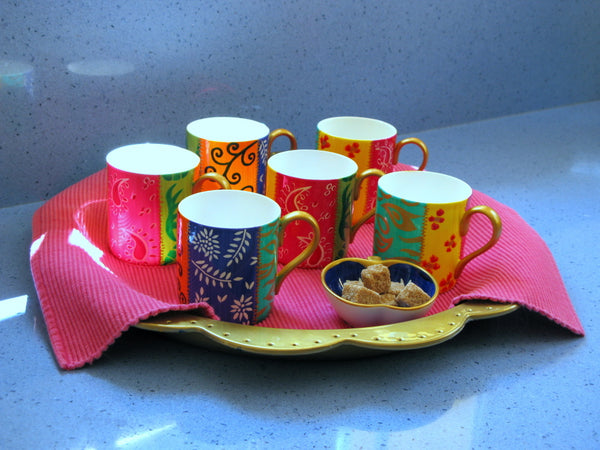Coffee / Tea Mugs Set of 6 - Hand Painted Bone China, gift boxed - DIVERSITY STRIPE