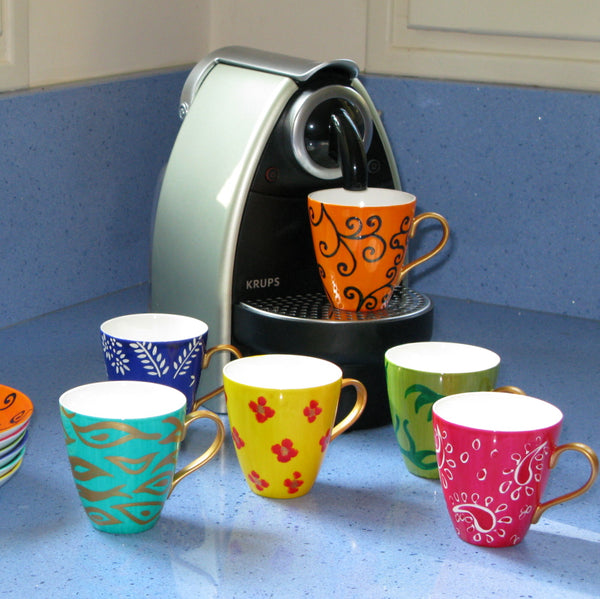 Cappuccino Cups - Set of 6 Hand Painted Bone China, gift boxed - DIVERSITY I