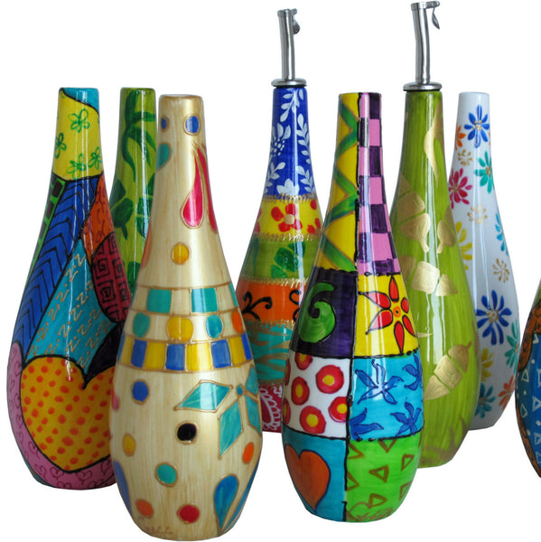 Oil Bottle with Pourer - Hand Painted Porcelain, gift boxed - JAZZ