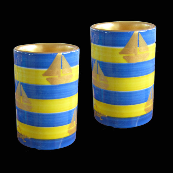 Pillar Tea Light Holder (PAIR) - Hand Painted Porcelain, gift boxed - SAILING