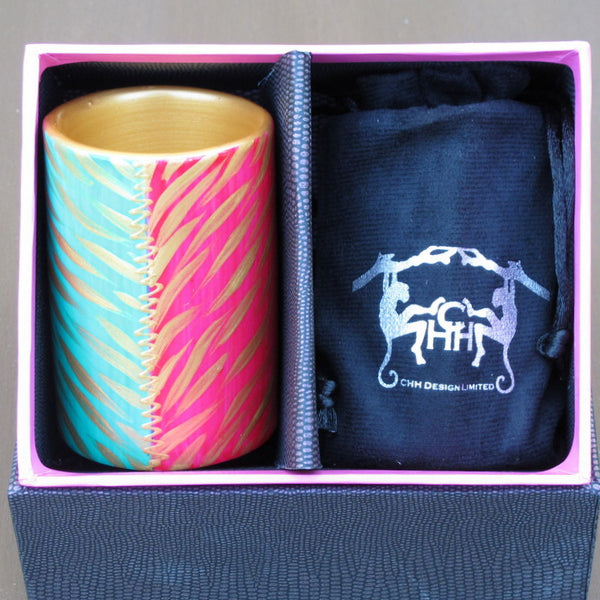 Pillar Tea Light Holder (PAIR) - Hand Painted Porcelain, gift boxed - PINK EMERALD ZEBRA