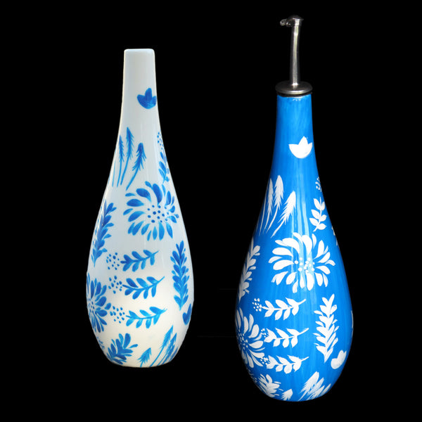 Oil Bottle with Pourer (PAIR) - Hand Painted Porcelain, gift boxed - JARDINS BLEUS