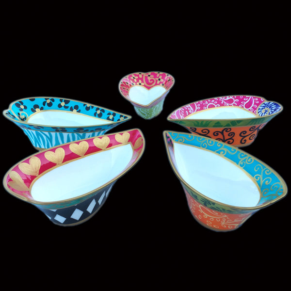 Heart Shaped Bowls (Set of 5) - Hand Painted Bone China, gift boxed - HAPPY HEARTS