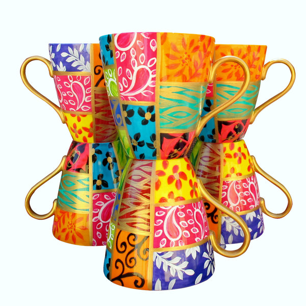 Cappuccino Cups - Set of 6 Hand Painted Bone China, gift boxed - SQUARES