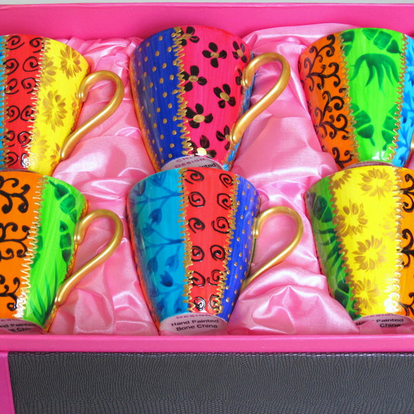 Cappuccino Cups - Set of 6 Hand Painted Bone China, gift boxed - RAYURES