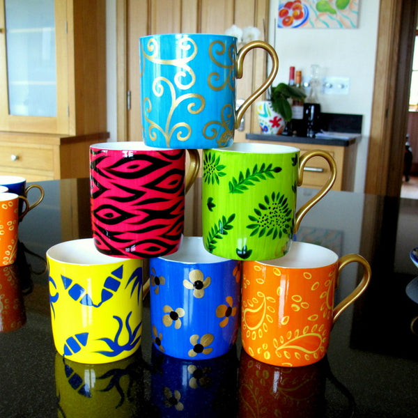 Coffee / Tea Mugs Set of 6 - Hand Painted Bone China, gift boxed - HAPPY