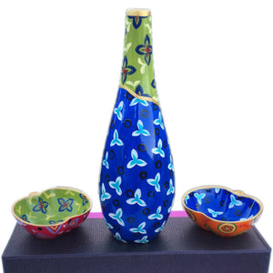 Oil Bottle with Dipping Bowls 3pc Set - Hand Painted Porcelain, gift boxed - ELYSIUM