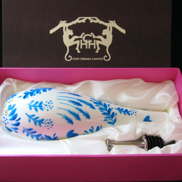 Oil Bottle with Pourer - Hand Painted Porcelain, gift boxed - JARDIN BLEU