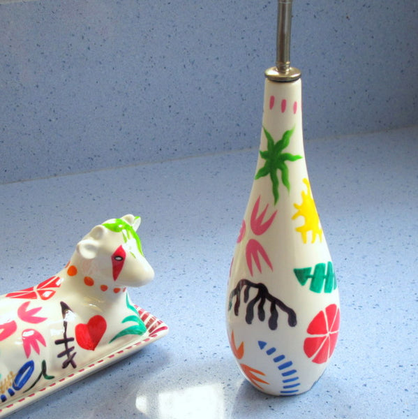 Oil Bottle with Pourer - Hand Painted Porcelain, gift boxed - GEO