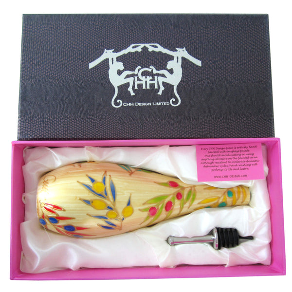 Oil Bottle with Pourer - Hand Painted Porcelain, gift boxed - QUEEN OF SHEBA