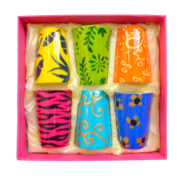 Espresso Shot Cups - Set of 6 Hand Painted Bone China, gift boxed - HAPPY