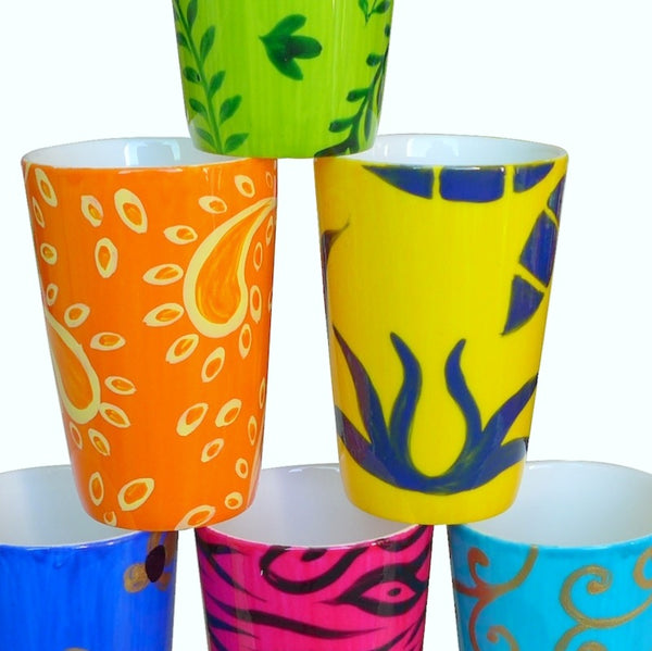 Espresso Shot Cups - Set of 6 Hand Painted Bone China, gift boxed - HAPPY