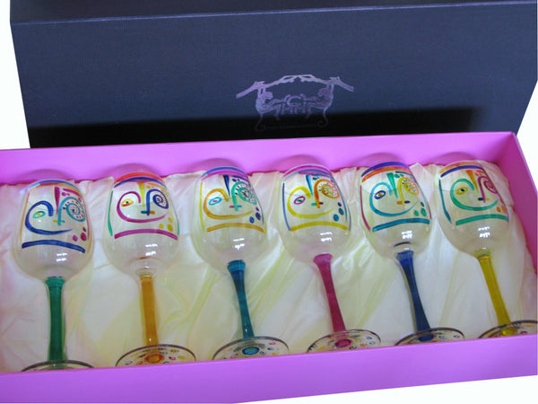 White Wine Glasses (6) - Hand Painted, gift boxed - CRAZY FACE