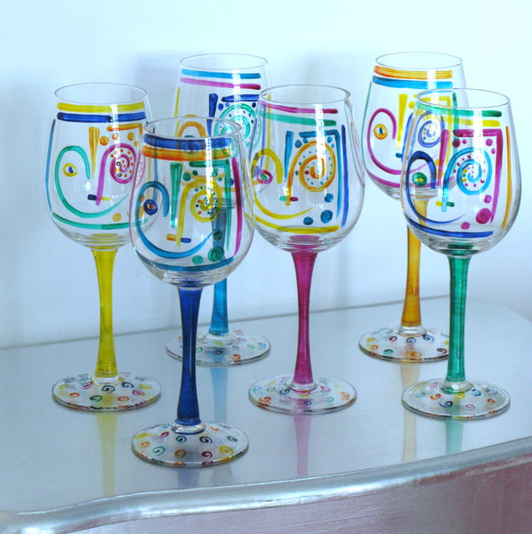White Wine Glasses (6) - Hand Painted, gift boxed - CRAZY FACE