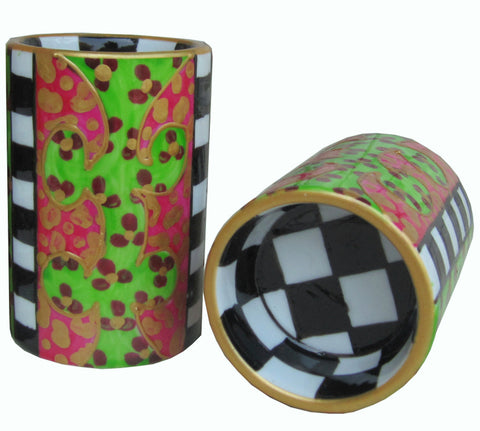 Pillar Tea Light Holder (PAIR) - Hand Painted Porcelain, gift boxed - PINK LEOPARD