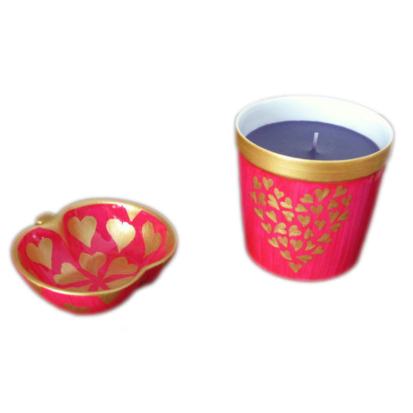 Scented Candle / Apple Dish Duo - Hand Painted Bone China, gift boxed - GOLD HEARTS