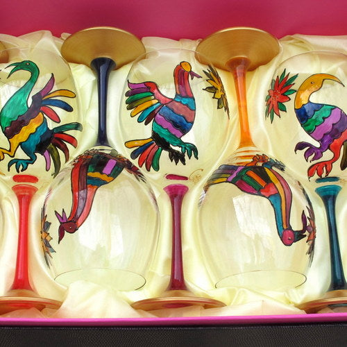 Crystal Wine Glasses (6) - Hand Painted, gift boxed - BIRDS