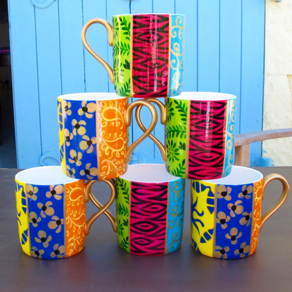 Coffee / Tea Mugs Set of 6 - Hand Painted Bone China, gift boxed - HAPPY STRIPES
