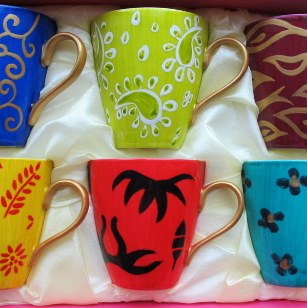 Cappuccino Cups - Set of 6 Hand Painted Bone China, gift boxed - DIVERSITY II