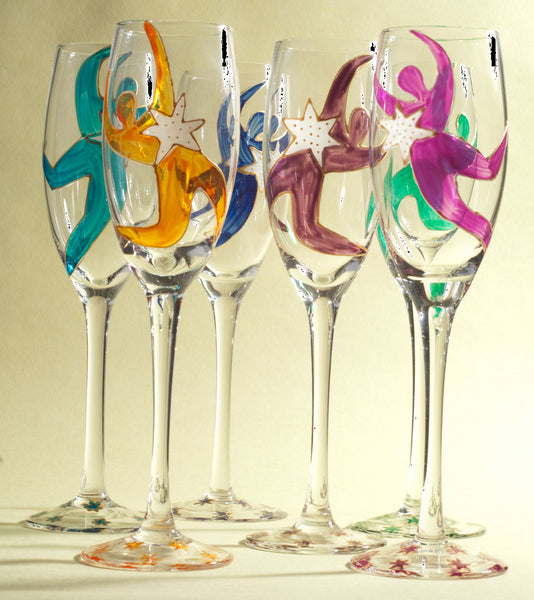 Champagne Flute Glasses (6) - Hand Painted, gift boxed - PARTY PEOPLE