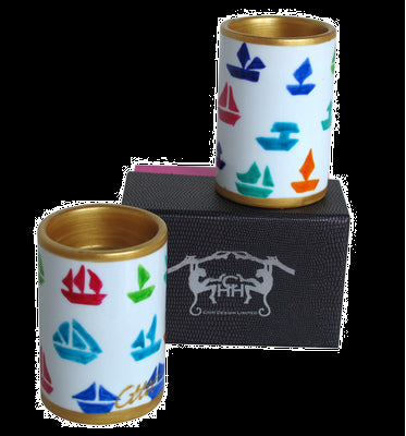 BOATS Pair of Hand Painted Porcelain Pillar Tea Light Holders, gift boxed