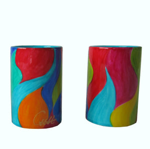 Pillar Tea Light Holder (PAIR) - Hand Painted Porcelain, gift boxed - WAVES