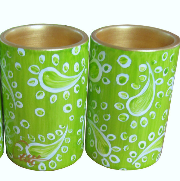 LIME PARFAIT Pair of Hand Painted Porcelain Pillar Tea Light Holders, gift boxed
