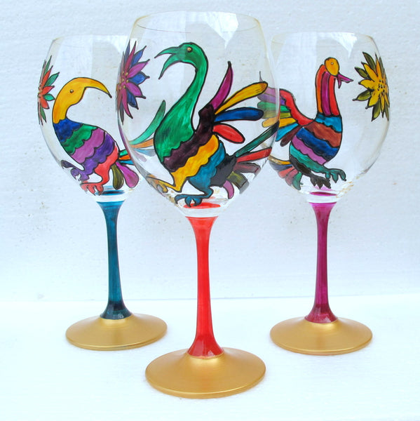 Crystal Wine Glasses (6) - Hand Painted, gift boxed - BIRDS