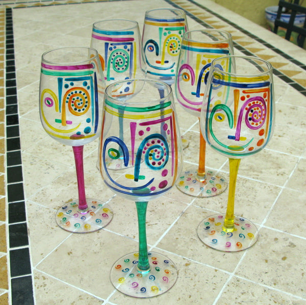 White Wine Glasses (6) - Hand Painted, gift boxed - CRAZY FACE