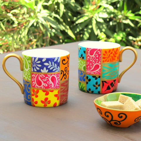 Coffee / Tea Mugs Set of 6 - Hand Painted Bone China, gift boxed - SQUARES