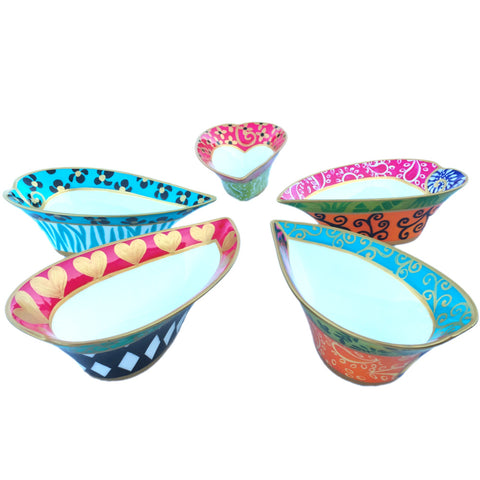 HAPPY HEARTS - a set of five hand painted Heart Shaped Bowls in bone china