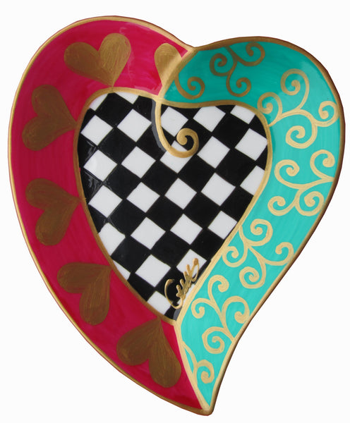 Heart Shaped Plate - Hand Painted Bone China, gift boxed - CHECKERS