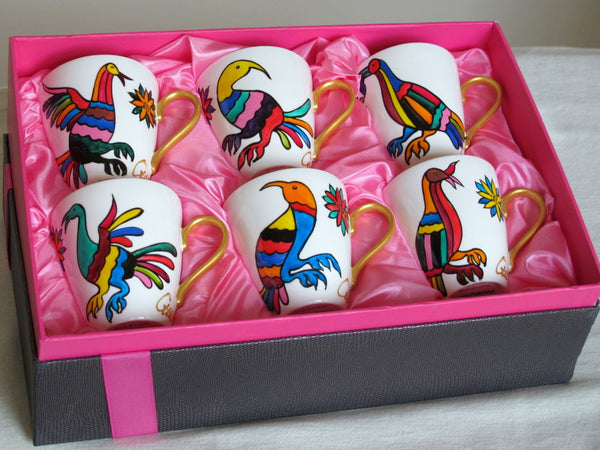 Cappuccino Cups - Set of 6 Hand Painted Bone China, gift boxed - BIRDS