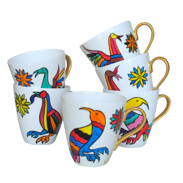 BIRDS - Set of Six Cappuccino Cups in Hand Painted Bone China, gift boxed
