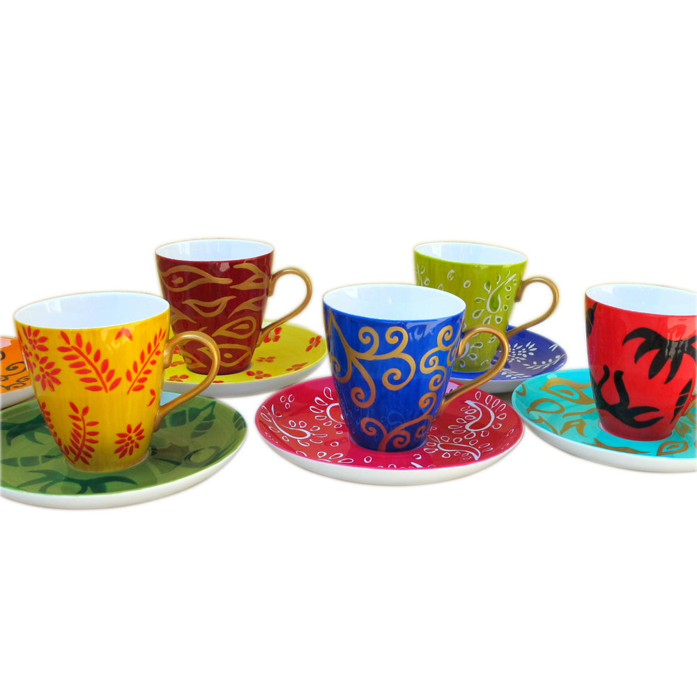 DIVERSITY II - Set of Six Cappuccino Cups and Saucers in hand painted bone china
