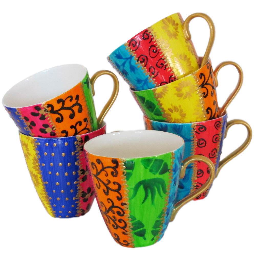 Cappuccino Cups - Set of 6 Hand Painted Bone China, gift boxed - RAYURES