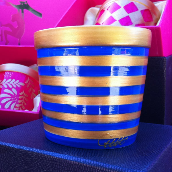BLUE STRIPE Striped Scented Candle in painted bone china jar