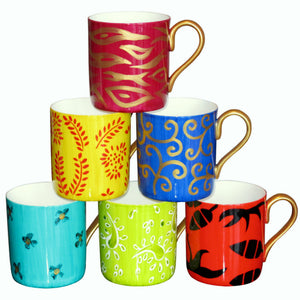 Coffee / Tea Mugs Set of 6 - Hand Painted Bone China, gift boxed - DIVERSITY II