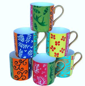 Coffee / Tea Mugs Set of 6 - Hand Painted Bone China, gift boxed - DIVERSITY STRIPE