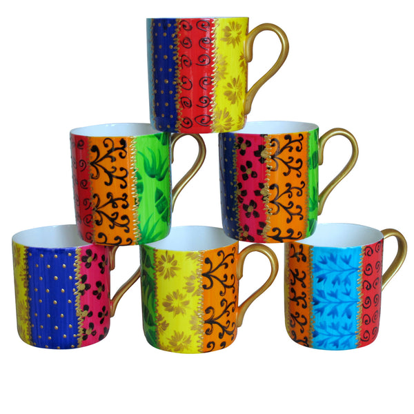 Coffee / Tea Mugs Set of 6 - Hand Painted Bone China, gift boxed - RAYURES