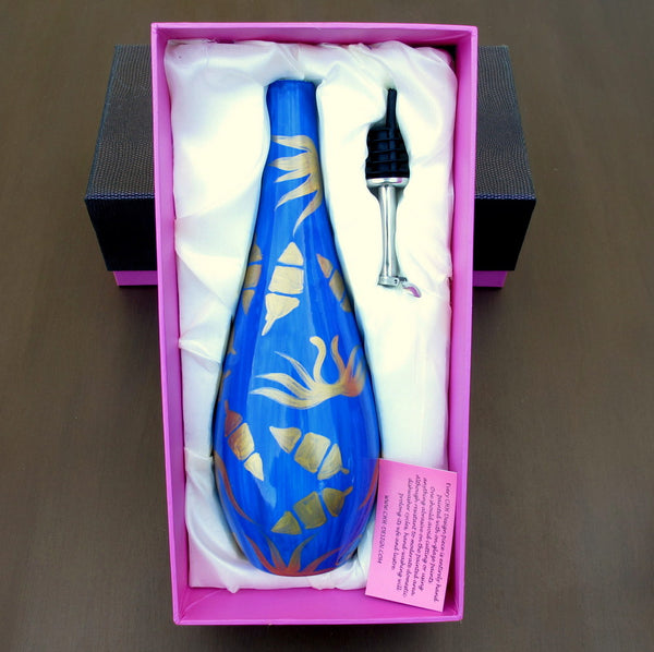 Oil Bottle with Pourer - Hand Painted Porcelain, gift boxed - LAPIZ LEAF
