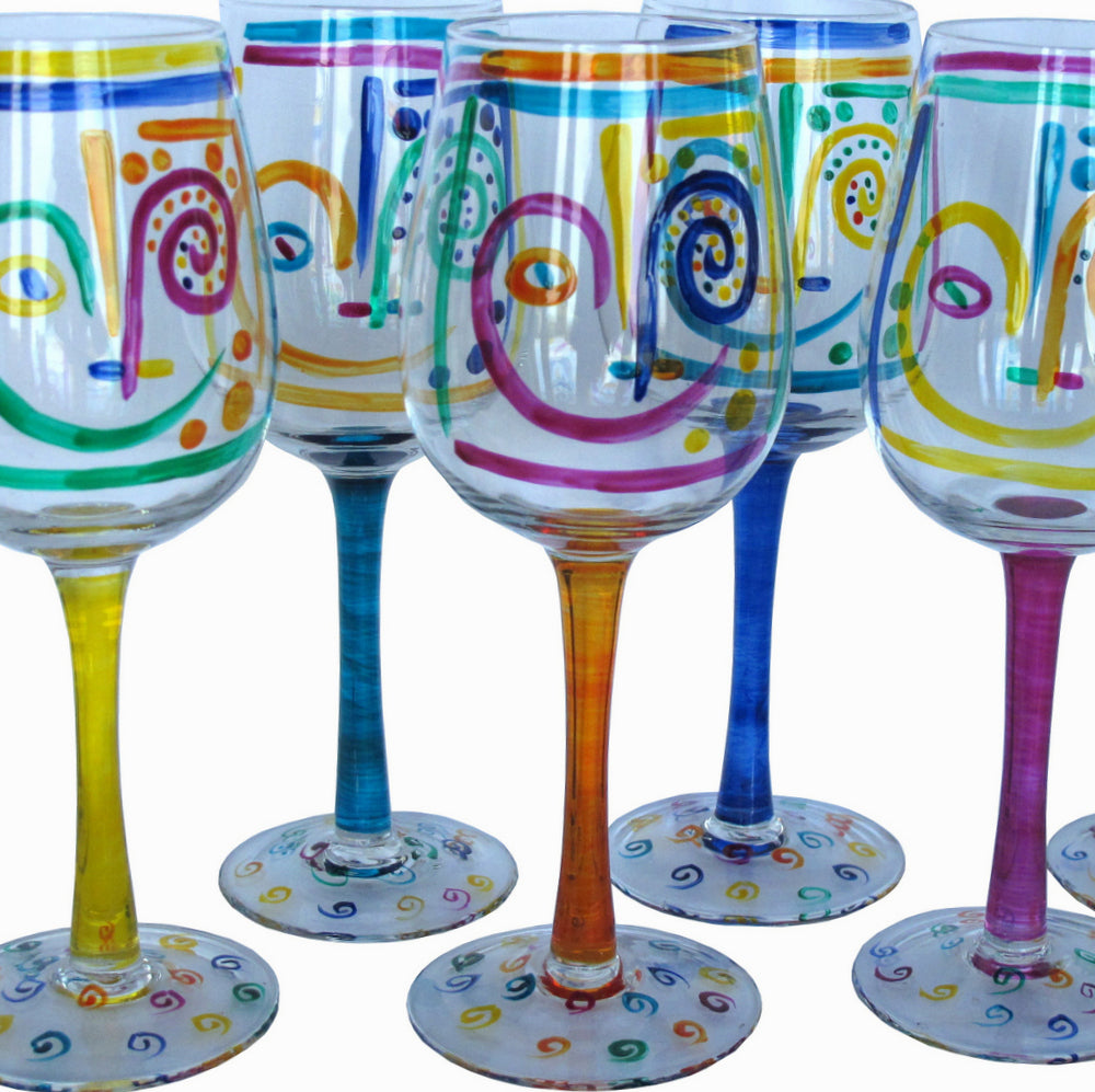 White Wine Glasses (6) - Hand Painted, gift boxed - CRAZY FACE