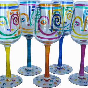 Crazy Face Painted White Wine Glasses - set of six, gift boxed
