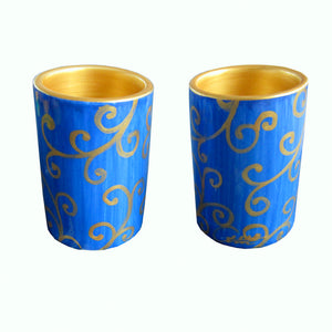LAPIZ SCROLL - Pair of Hand Painted Pillar Tea Light Holders, Gift Boxed