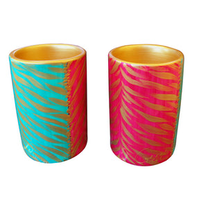 PINK EMERALD ZEBRA - Pair of Hand Painted Porcelain Pillar Tea Light Holders, gift boxed