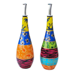 Oil Bottle with Pourer (PAIR) - Hand Painted Porcelain, gift boxed - HAPPY